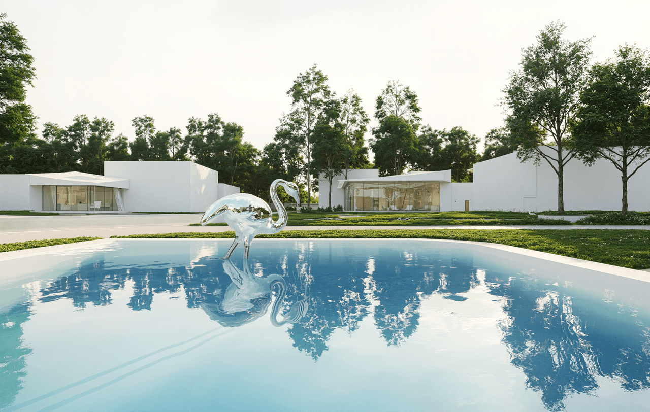 A lively communal space serving as the heart of the development with landscaped surroundings.