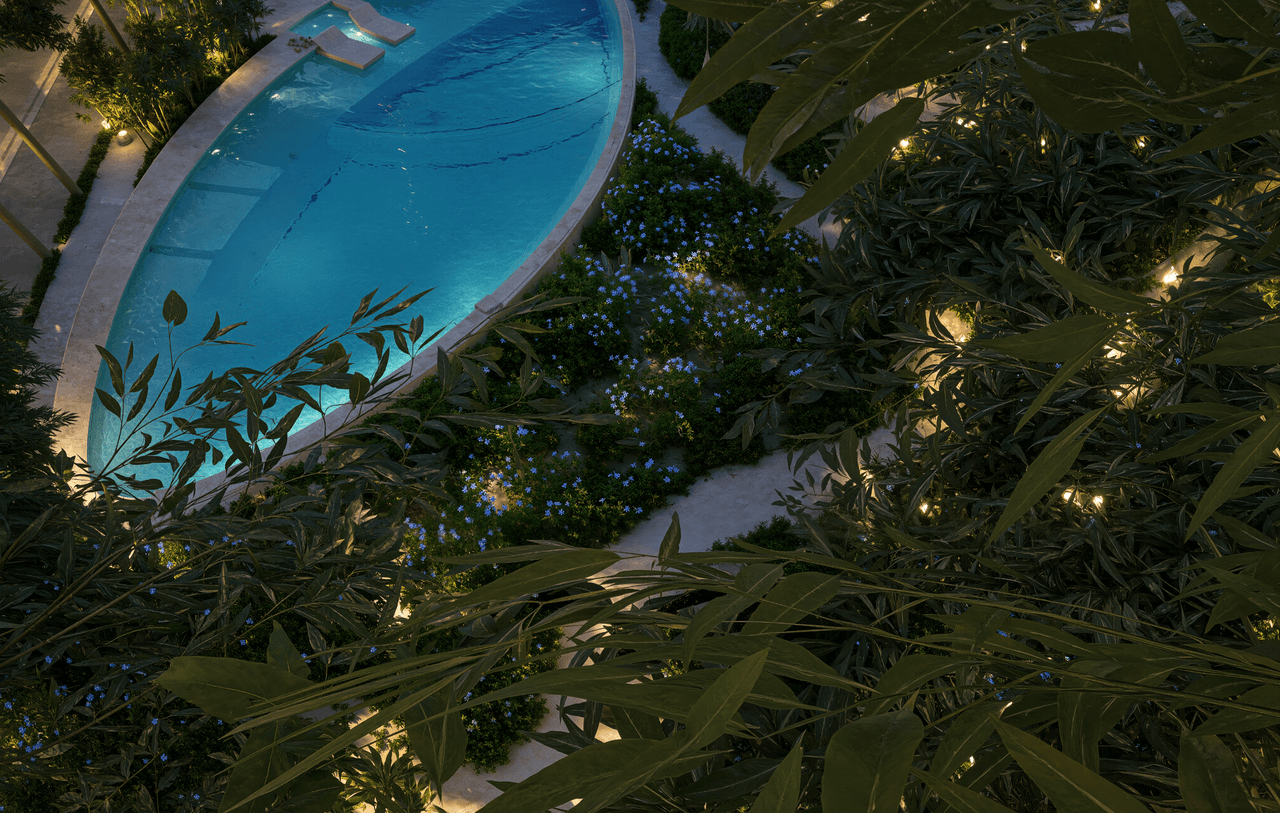 Elegant nighttime ambiance with ambient lighting enhancing the resort-like experience.