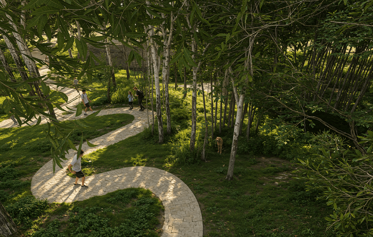 Serene pathways surrounded by greenery for peaceful walks and wellness routines.