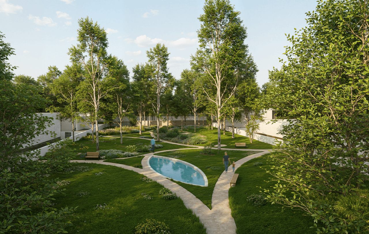 Lush landscaped gardens offering fresh air and open recreational spaces.