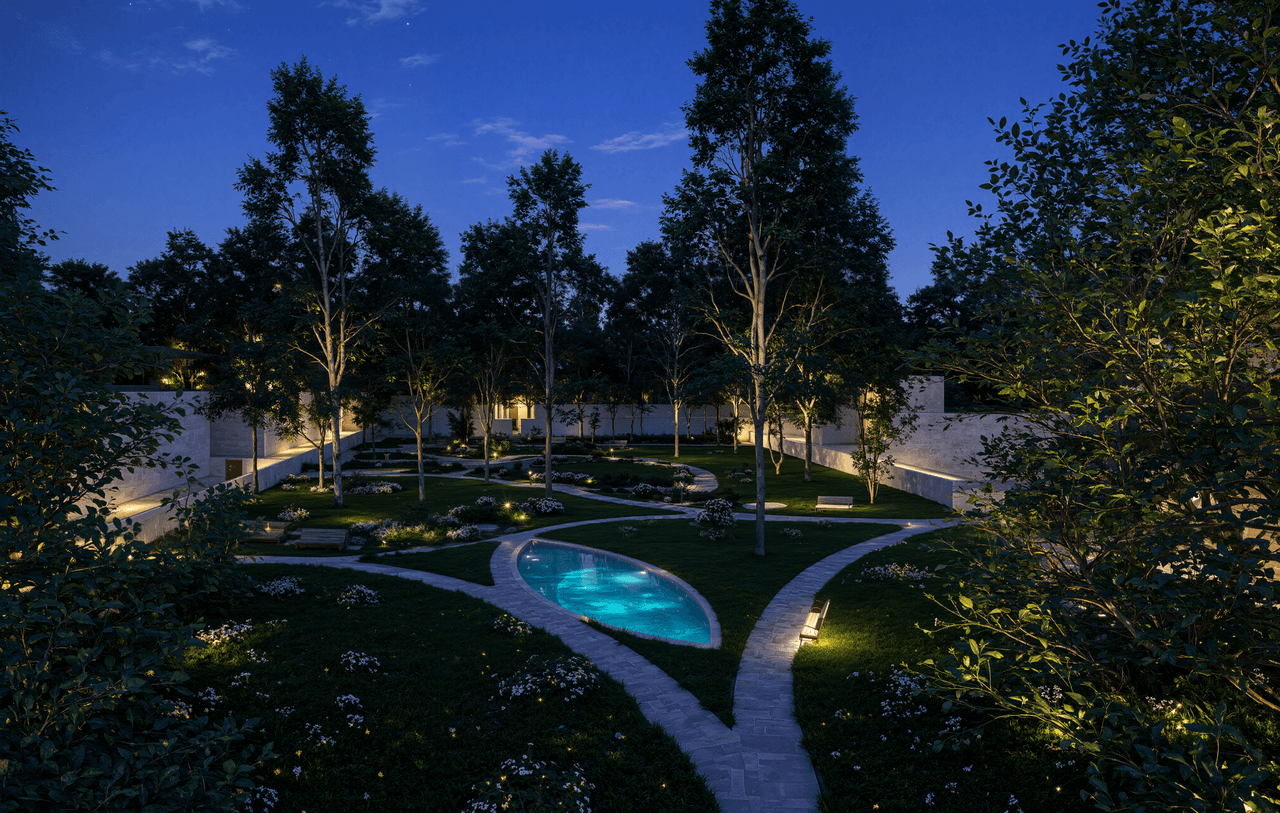 Soft lighting and landscaped features creating a calm and relaxing evening environment.