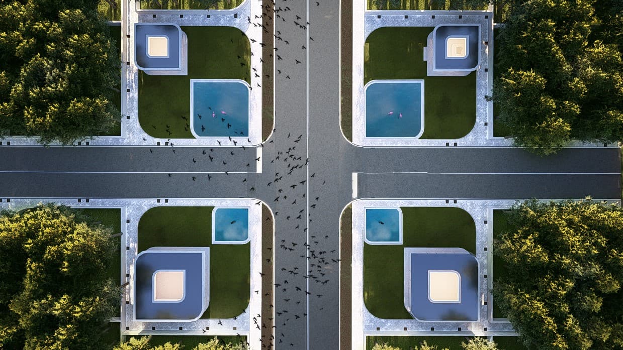 Top-down view of private villa plots, each with its own garden and pool