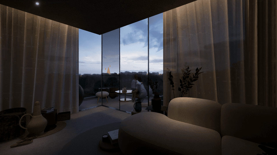 A calm villa living room with floor-to-ceiling glass looking out towards the temple