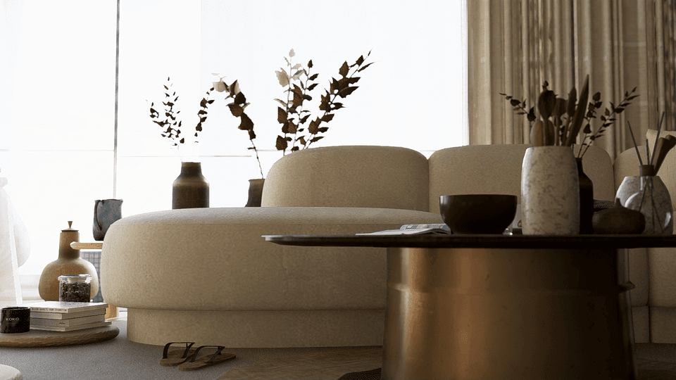 A warmly lit, guest-ready villa lounge